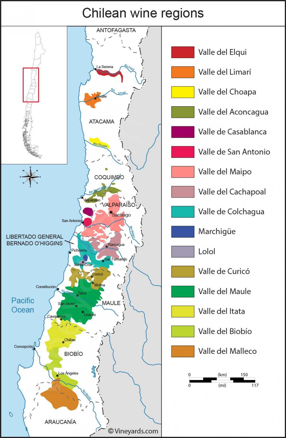 Peta dari Chile wilayah anggur 